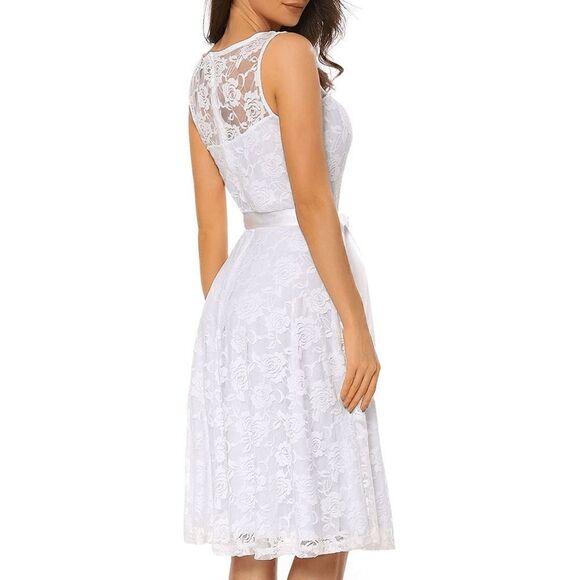 White Lace Wedding Party Bride Sleeveless Formal Elegant Dress w/Belt XXL NWT - Picture 6 of 12